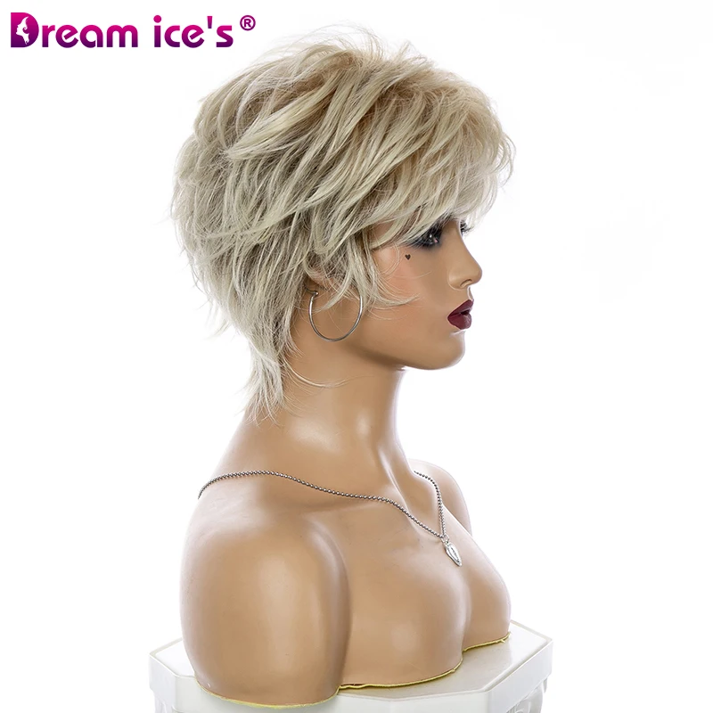 Short Mixed Light Blonde Straight Wave Synthetic Wig With Bangs For Women Natural Wavy Pixie Cut Hair Heat Resistant Cosplay Wig