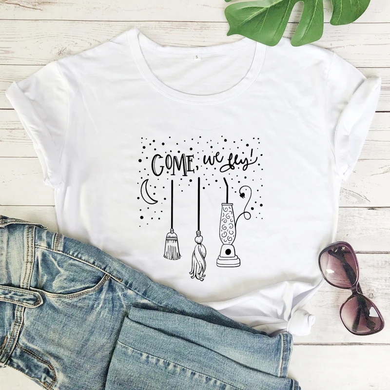 Come We Fly 100% Cotton T-shirt Funny Women Halloween Party Gift Tshirt Autumn Short Sleeve Graphic Witch Tops Tees Dropshipping