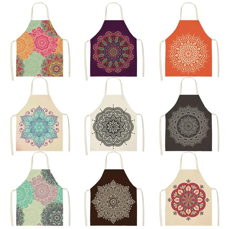 Colorful Mandala Printed Aprons for Woman Home Cooking Baking Coffee Shop Cotton Linen Cleaning Accessories WQ175