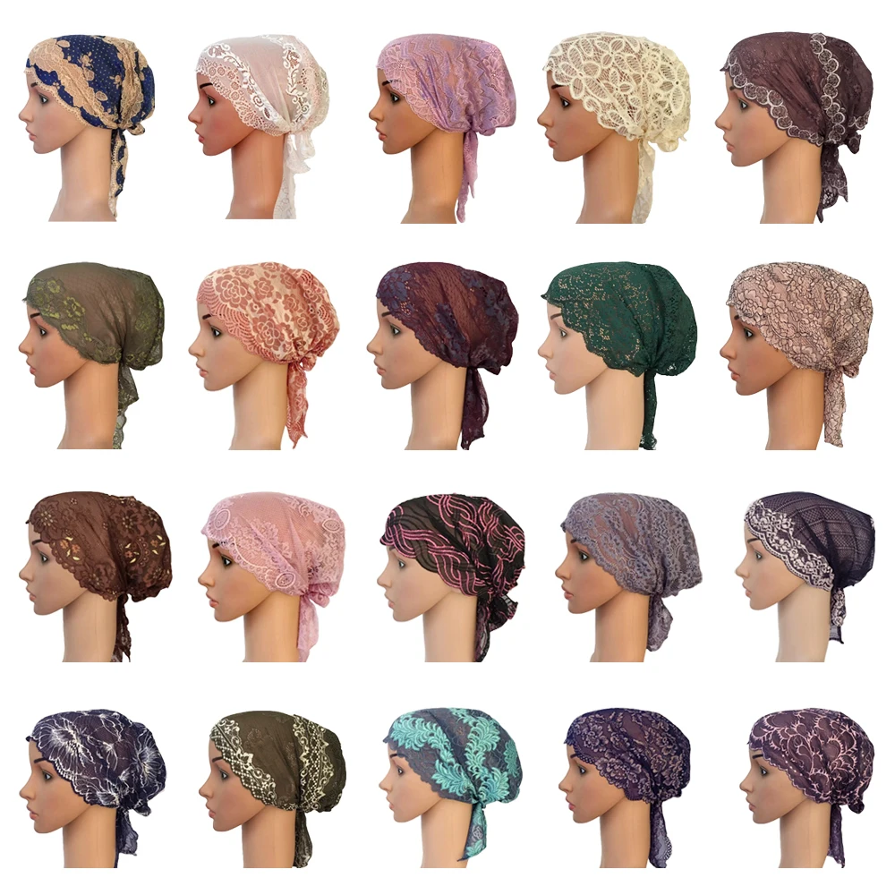 

12 PCS Fashion Women Muslim Inner Cap Elastic Lace Flower Hijab Islamic Headwear Arab Head Wrap Hat Wraps Ramadan Random Color