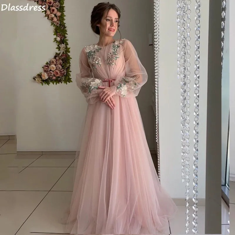 

Long Sleeves Evening Dress For Girl Party A-line Applique Lace O-neck Floor Length Elegant Simple Prom Dress vestidos formales