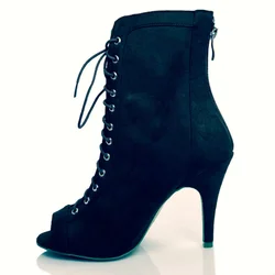 Botas de Dança Evkoodance Latina Salsa para Mulheres, Sapatos de Dança para Festa, DIY Rebanho Preto e Vermelho, 10cm