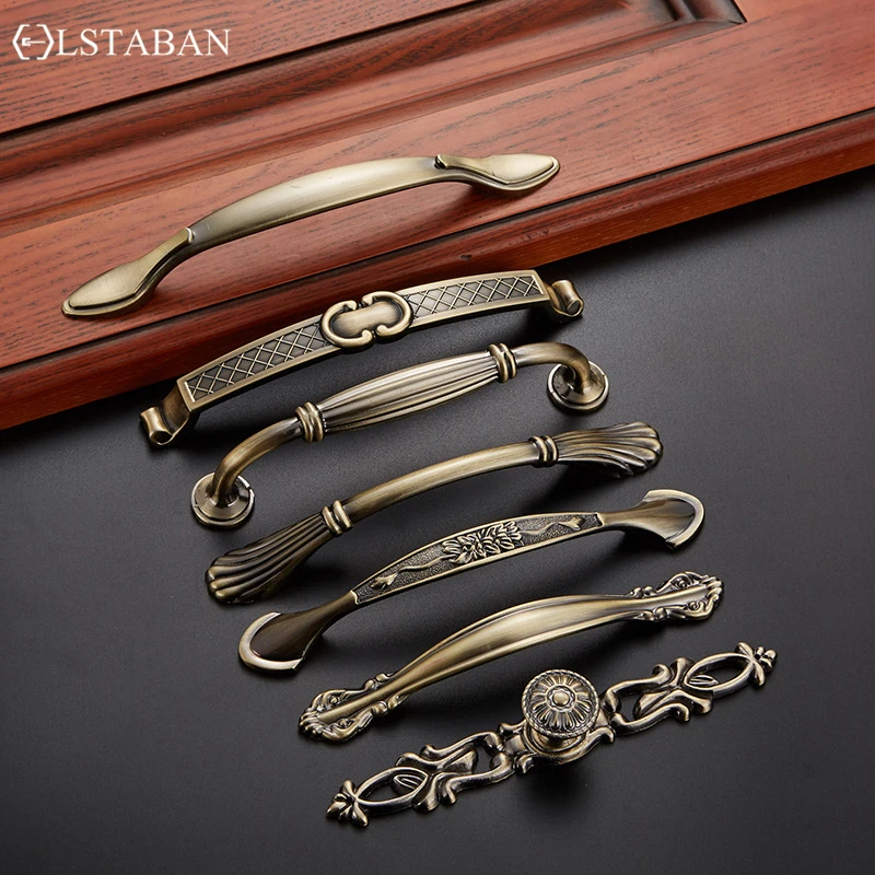 LSTABAN European Antique Door Handle Drawer Zinc Alloy Simple Wardrobe Furniture Accessories Ancient Green Cabinet Handle