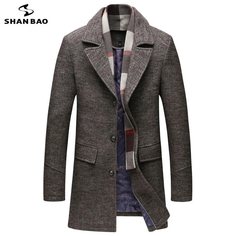 

SHAN BAO brand clothing winter thick and warm men's slim long wool coat classic lapel young casual large size woolen coat M-5XL