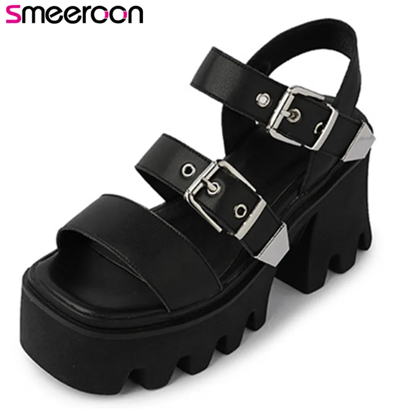 Smeeroon 2021 펑크 캐주얼 신발 여성 정품 가죽 샌들 버클 하이힐 플랫폼 샌들 패션 캐주얼 신발 여성 