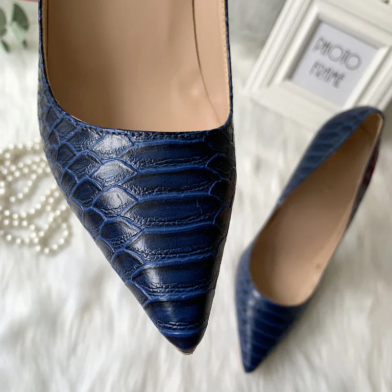 Brand designer navy blue matte python snake pointed toe women lady shoes 12cm 4inches high heel shoes pump on sale