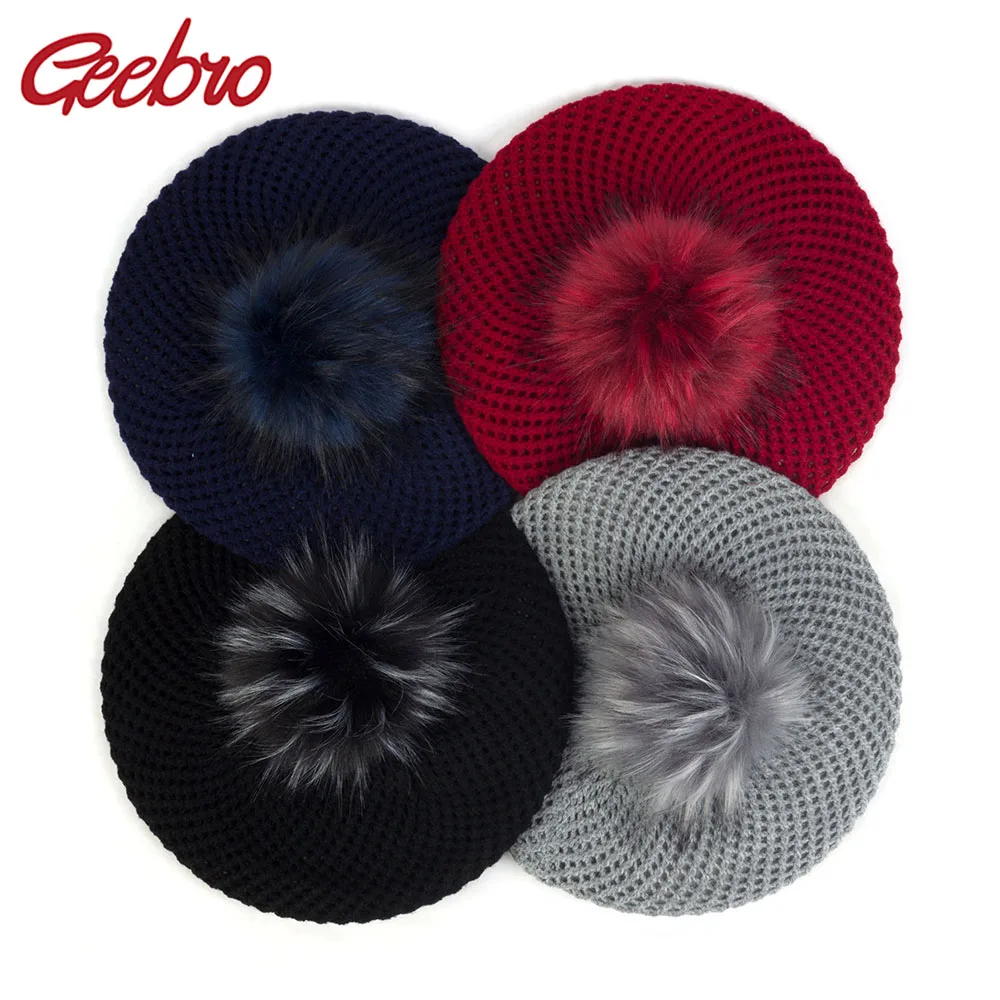 Geebro Women Double Layer Soft Berets With Fake Pom Pom Female Hats Autumn Winter Warm Adult Casual Caps Slouchy Beret Bonnet