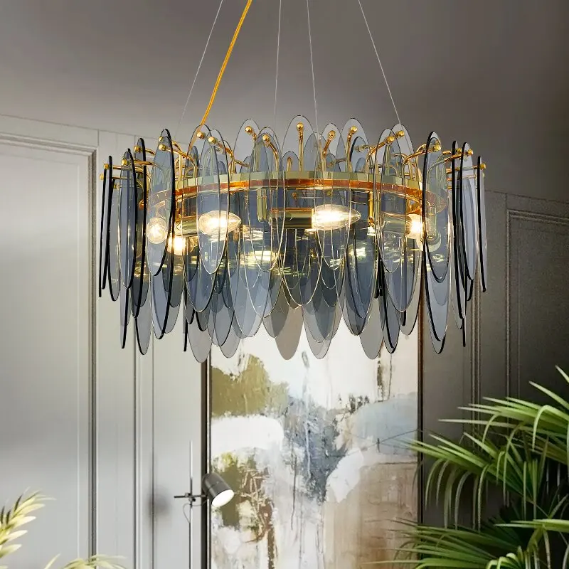 

Luxury Modern Chandeliers For Living Room Round Gold Hanging Light Fixture Dining Room Bedroom Decor Smoky Gray/White Glass Lamp