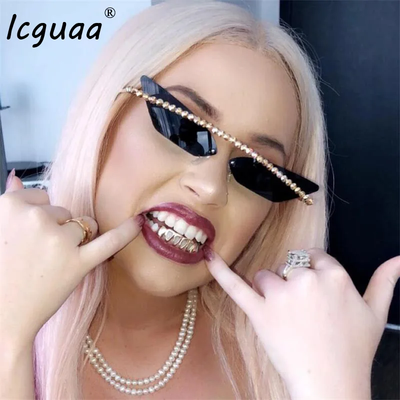 Cat Eye Sunglasses Women 2019 Luxury Cool Diamond Sun Glasses Metal Frame Mirror Lady Rimless Rhinestaone Triangle Eyewear