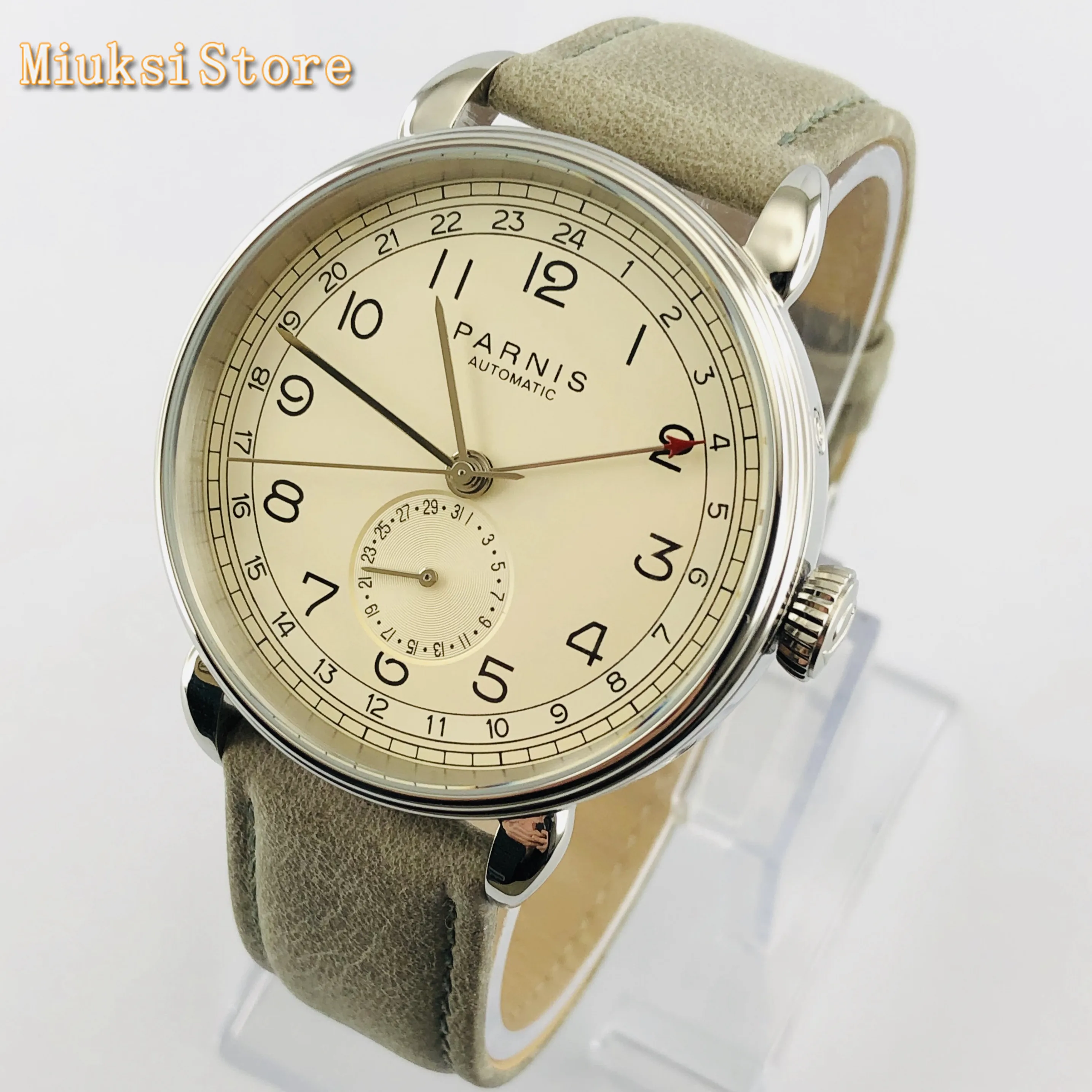 Parnis new top mens automatic mechanical watch 42mm silver case GMT arab mark date window leather mens watches