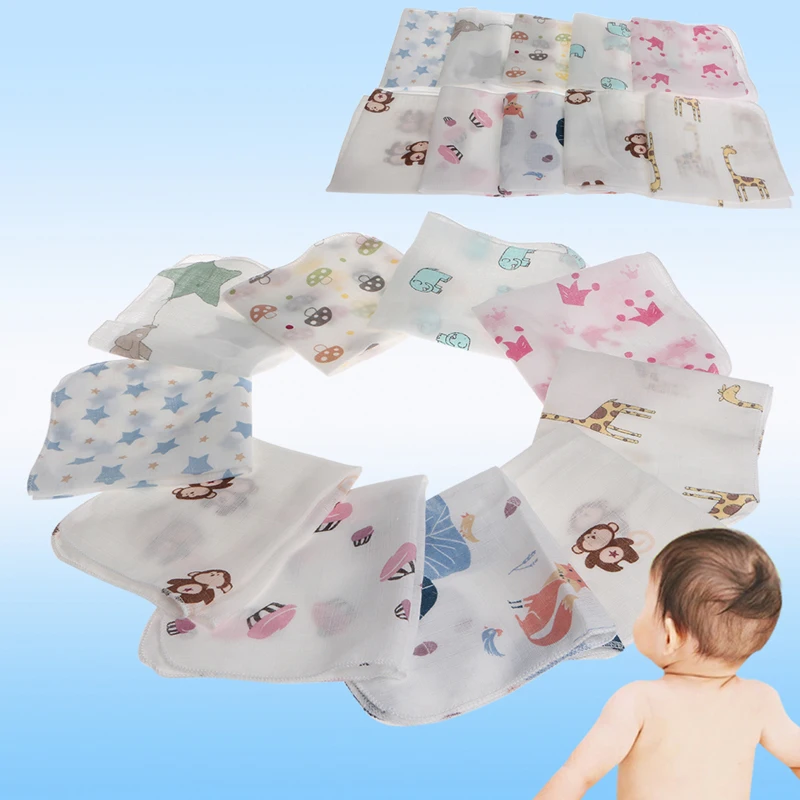 10pcs Baby Infant Towel 28*28cm Muslin Towel Handkerchiefs Two Layers Wipe Towel Kids Baby Cartoon Towel Handkerchief Cotton