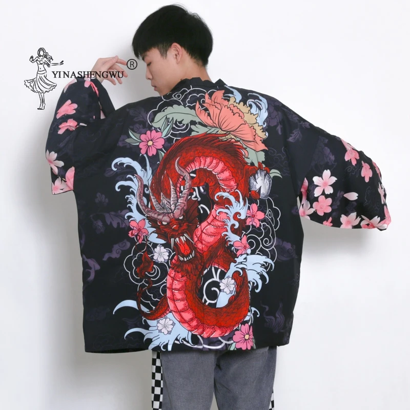 Vintage Cardigan New Japanese Traditional Kimono Streetwear Men Loose Yukata Dragon Print Sun Protective Lothing Fashion Blouse