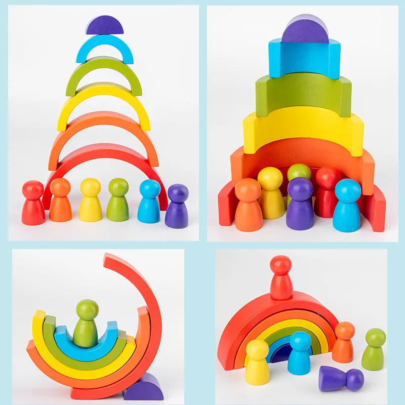 Montessori Arch Bridge Semicircle Rainbow Building Blocks Villain Set Wooden Toys Baby Education Color Cognitive Blocks Kids Toy