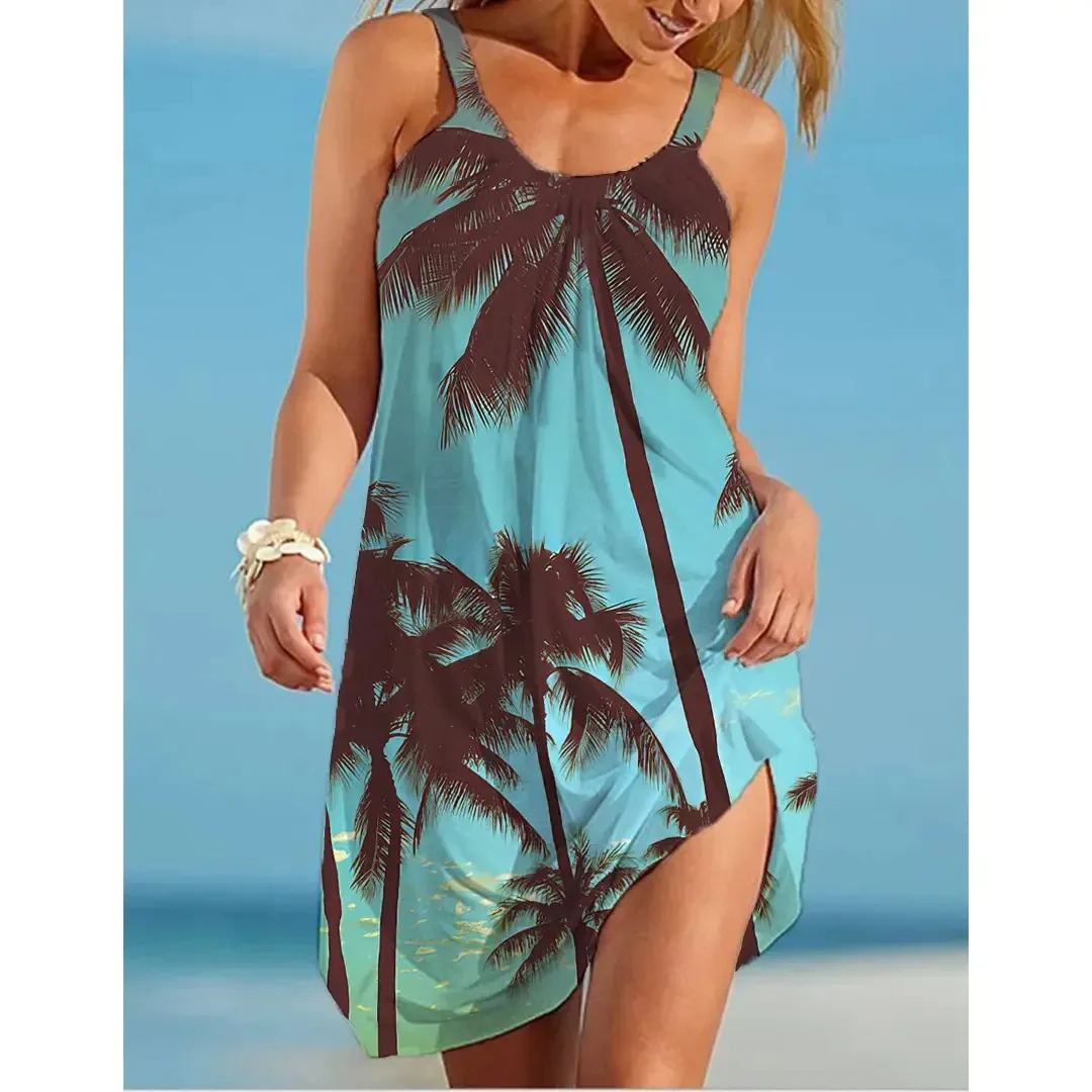 Nowa damska sukienka plażowa Boho Nature Scenery 3D Print Off Shoulder Sleeveless Sundress Summer Holiday Beachwear Woman Night Dresses