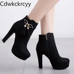 winter The New fashion Round head Thick heel 10CM zipper boots black Sexy Plus velvet Keep warm High heel Women boots