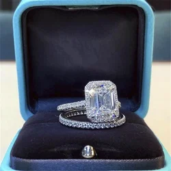 2 Pcs/Set Luxury Inlaid White Square Cubic Zircon Crystal Rhinestone Female Metal Ring for Women Party Jewelry Size 5-11