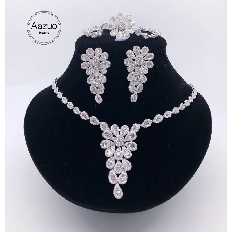 Aazuo 18K Jewelry Set Solid White Gold Real Natural Diamonds Luxury Big Necklace Earring Bracelet Gift For Woman Senior Party