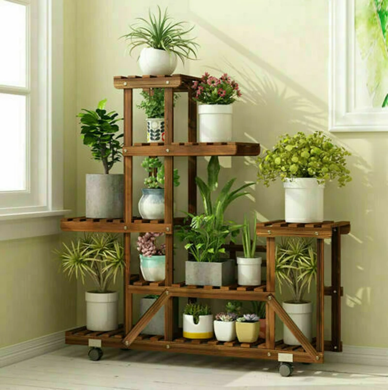 Деревянная подставка для растений UNHO с колесами, многоуровневая подвижная витрина для растений, цветов, полка для помещений, подвижная стойка для хранения, уличный держатель для растений