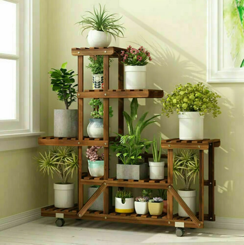 UNHO support pour plantes en bois avec roues multicouche plante roulante présentoir à fleurs support de rangement mobile intérieur support extérieur fo