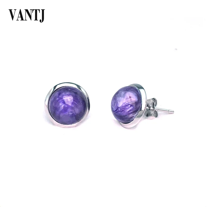 VANTJ Real 10K Gold Natural Charoite Stud Earring  Fine Jewelry Women Lady Party Wedding Gift