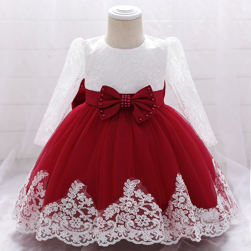 Baby Girls Dress Newborn Girl Long Sleeve Lace Party Wedding Dresses With Big Bow Infant Girl 1st Birthday Princess Dress