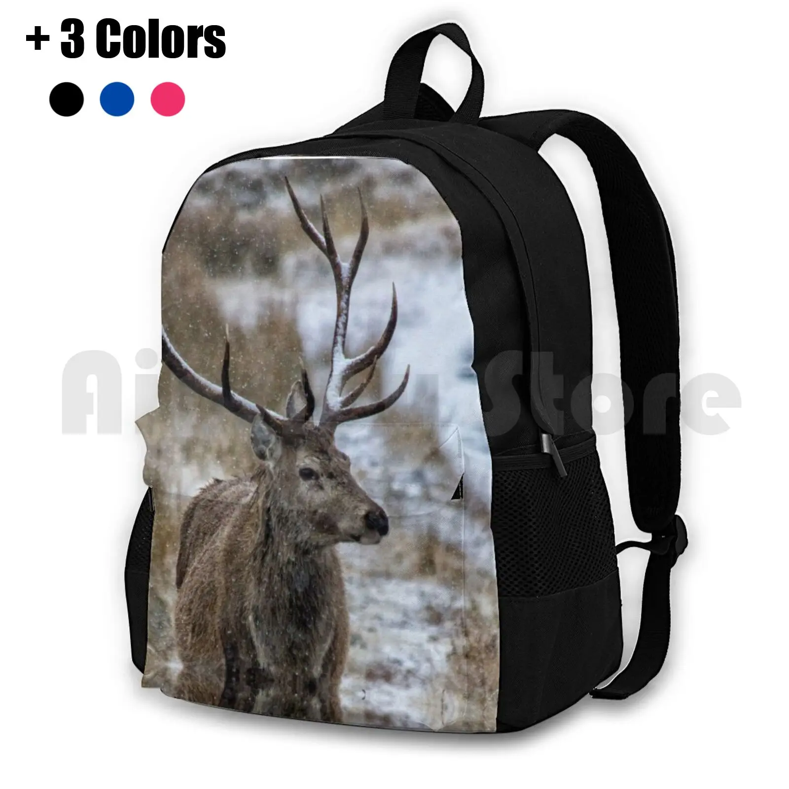 Twelve Point Stag In The Snow Outdoor Hiking Backpack Waterproof Camping Travel Animal Antlers Big Brown Buck Cautious Coat