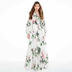 Long Dress Runway High Quality Spring Autumn New Women Bohemian Beach Fashion Party Vintage Elegant Chic Print Chiffon Dresses