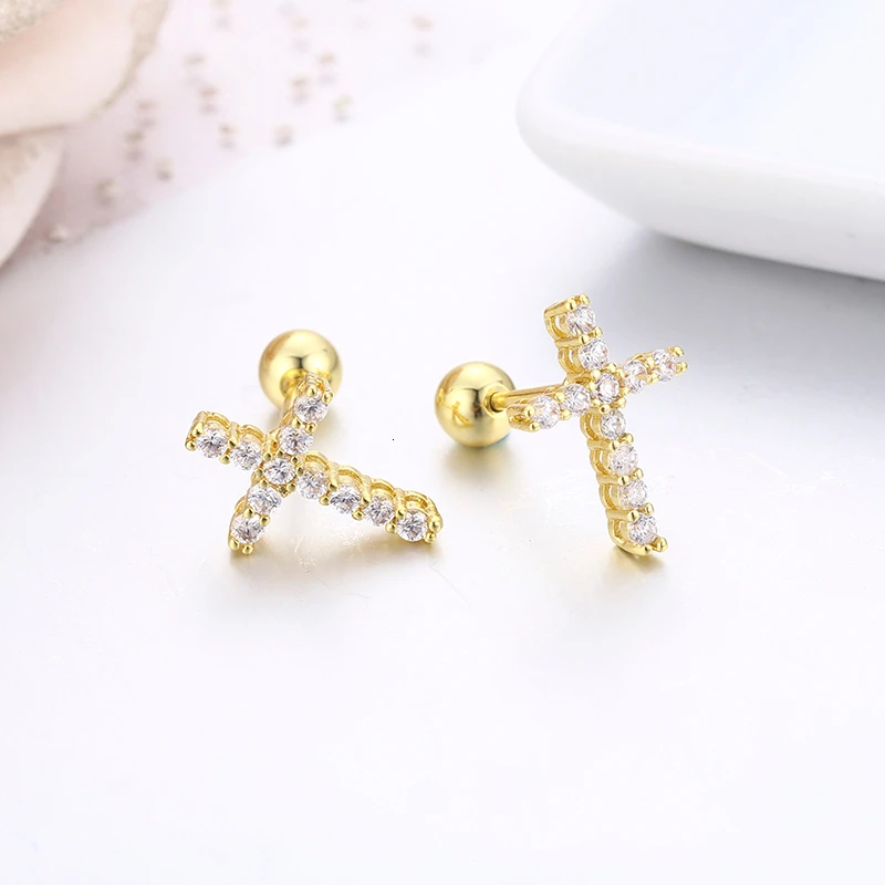 Cute Cross Full Cubic Zircon Small Screw Back Stud Earrings For Women Girls Gold Color Piercing Jewelry Aros Oorbellen