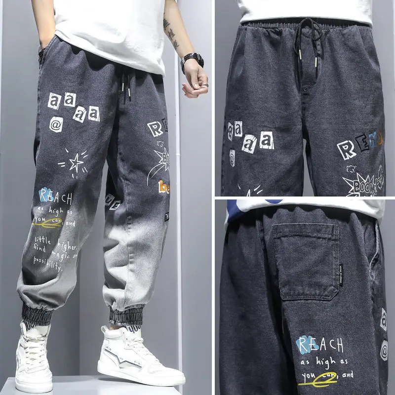 Pantalones vaqueros con estampado de grafiti para hombre, pantalones bombachos de Hip Hop degradados, sueltos, informales, con bandas en el tobillo,