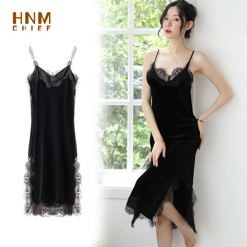 

HNMCHIEF Night Dress Women Robes Sexy Split Long Gowns Velvet Long Lace Night Gown Summer Party Club Robe Femme Dress Plus Size