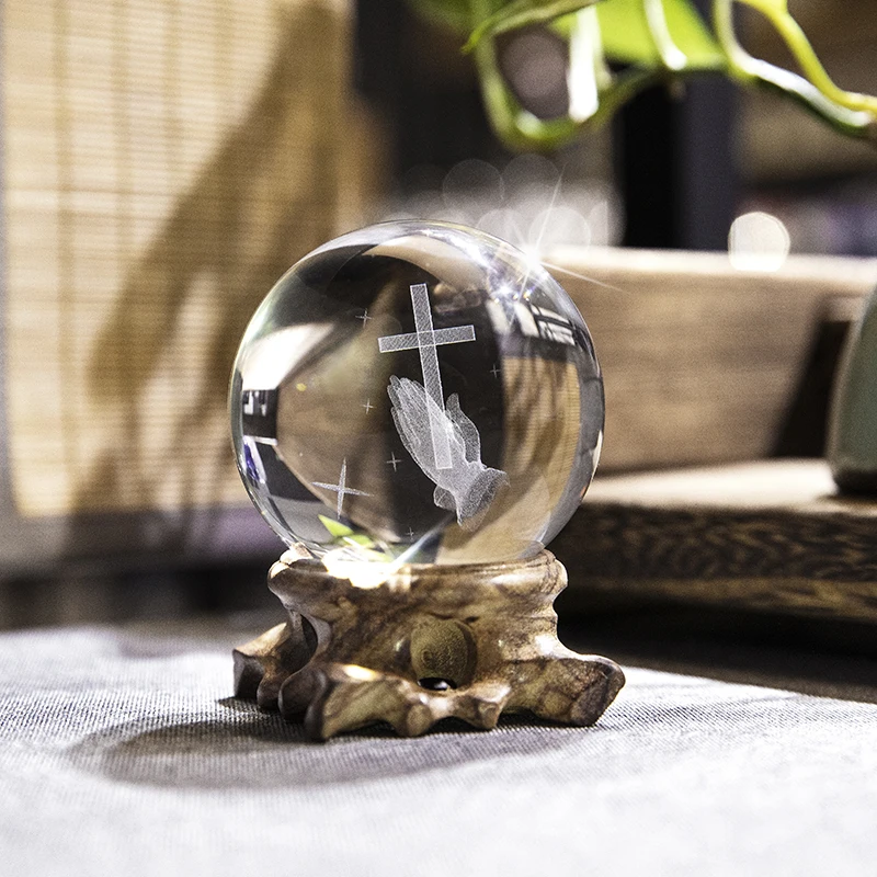 H&D 60mm Cross With Praying Hand Status 3D Laser Crystal Ball Figurine on Wooden Stand Modern Home Decor Perfect Christian Gift