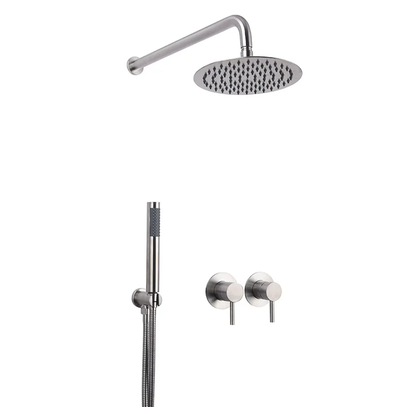 

Bathroom Shower Faucet Rain Head System Set Kit Brushed Stainless Steel Matt Diverter Mixer Tap WIth Handshower Round Handheld