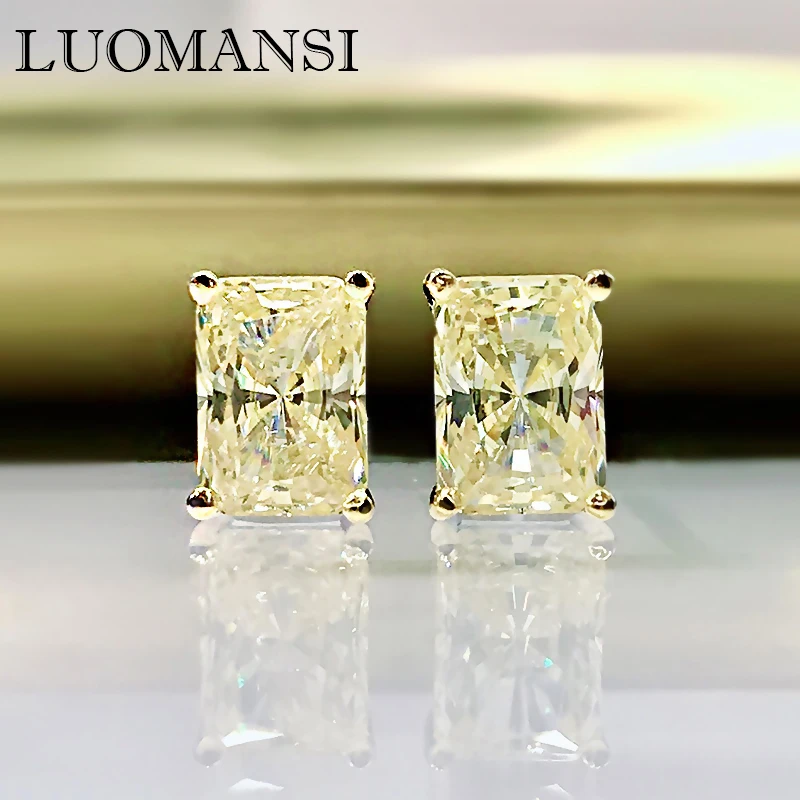 Luomansi 100%-S925 Sterling Silver Glittering Rectangle White Yellow High Carbon Diamond Stud Earrings Woman Jewelry