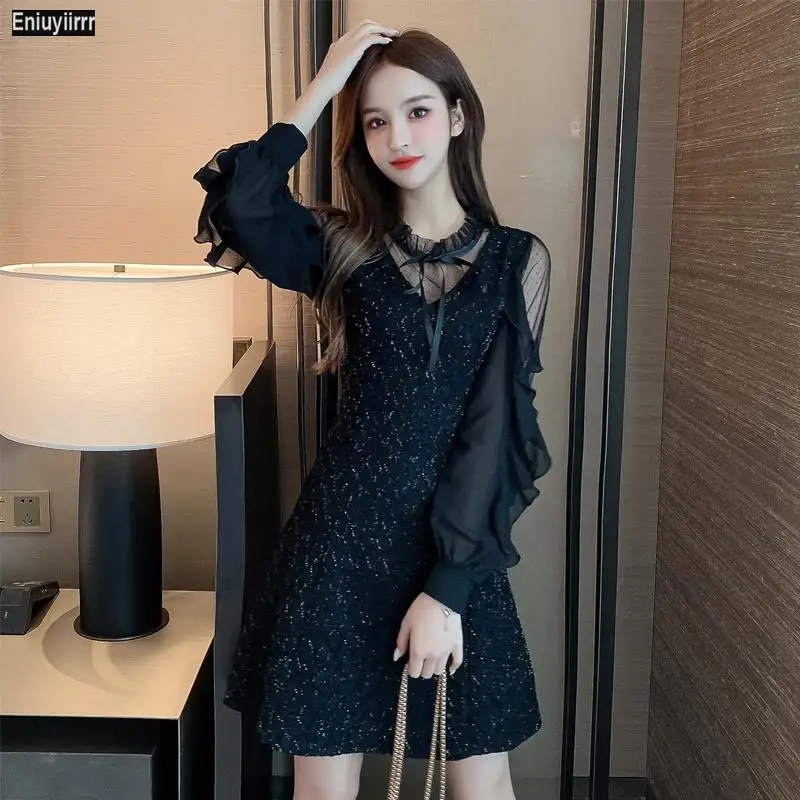 Women Winter Spring Basic Wear Party New Year Date Elegant Patchwork Sheer Mesh Black Lace Mini Dress