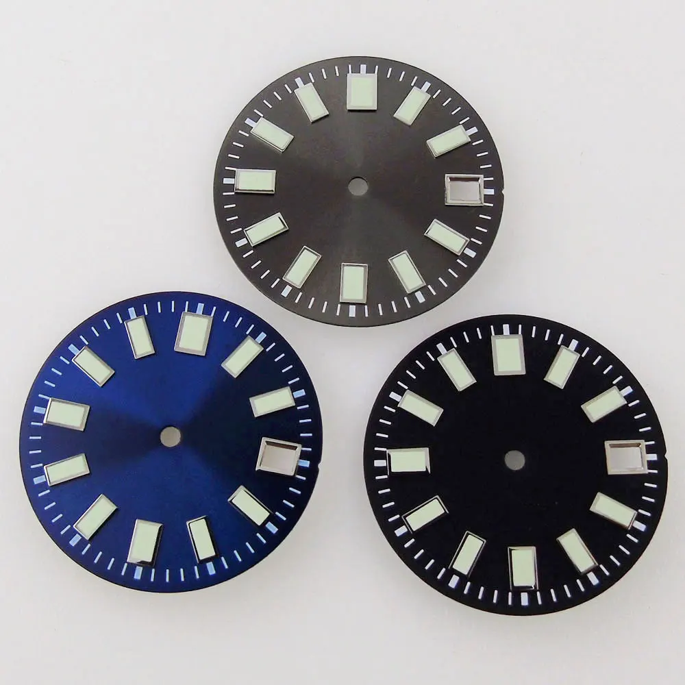 

29mm Super Luminous Black Blue Gray Watch Dial Fit For eta 2824 2836 NH36 NH35 7S26 62mas Movement Date Sunburst Watch Face