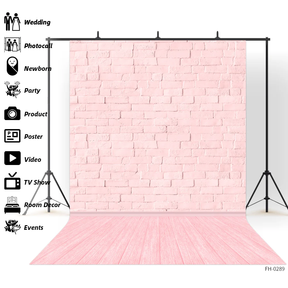 Pink Brick Wall Wooden Floor Planks Photo Studio Background Baby Shower Newborn Children Pet Party Portrait Photography Backdrop