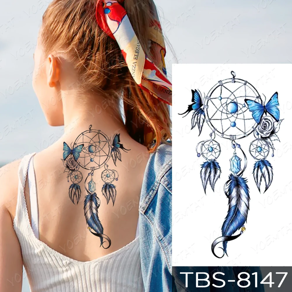 Dreamcatcher Temporary Tattoo Sticker Blue Butterfly Feather Wreath Henna Fake Tato Back Scapula Women Girl Glitter Kids Tatu