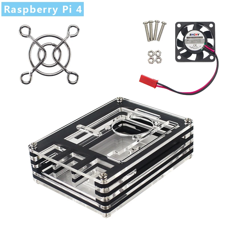 

9 Layer Acrylic Case for Raspberry Pi 4 Model B Transparent with Black Shell + Cooling Fan + Protect Cover for Raspberry Pi 4 4B