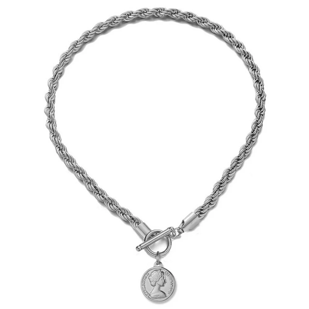 Edelstahl-Seilkette mit Münzanhänger für Damen, OT-Verschluss, Schlüsselbein-Halskette, 6 mm Breite – Detail 4