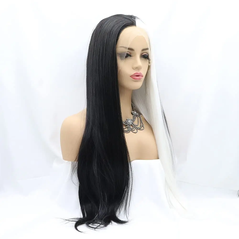 Long Straight Black And White Ombre Colored Synthetic Lace Front Wig Wigs Heat Resistant Cosplay Frontal Wigs For Black Women