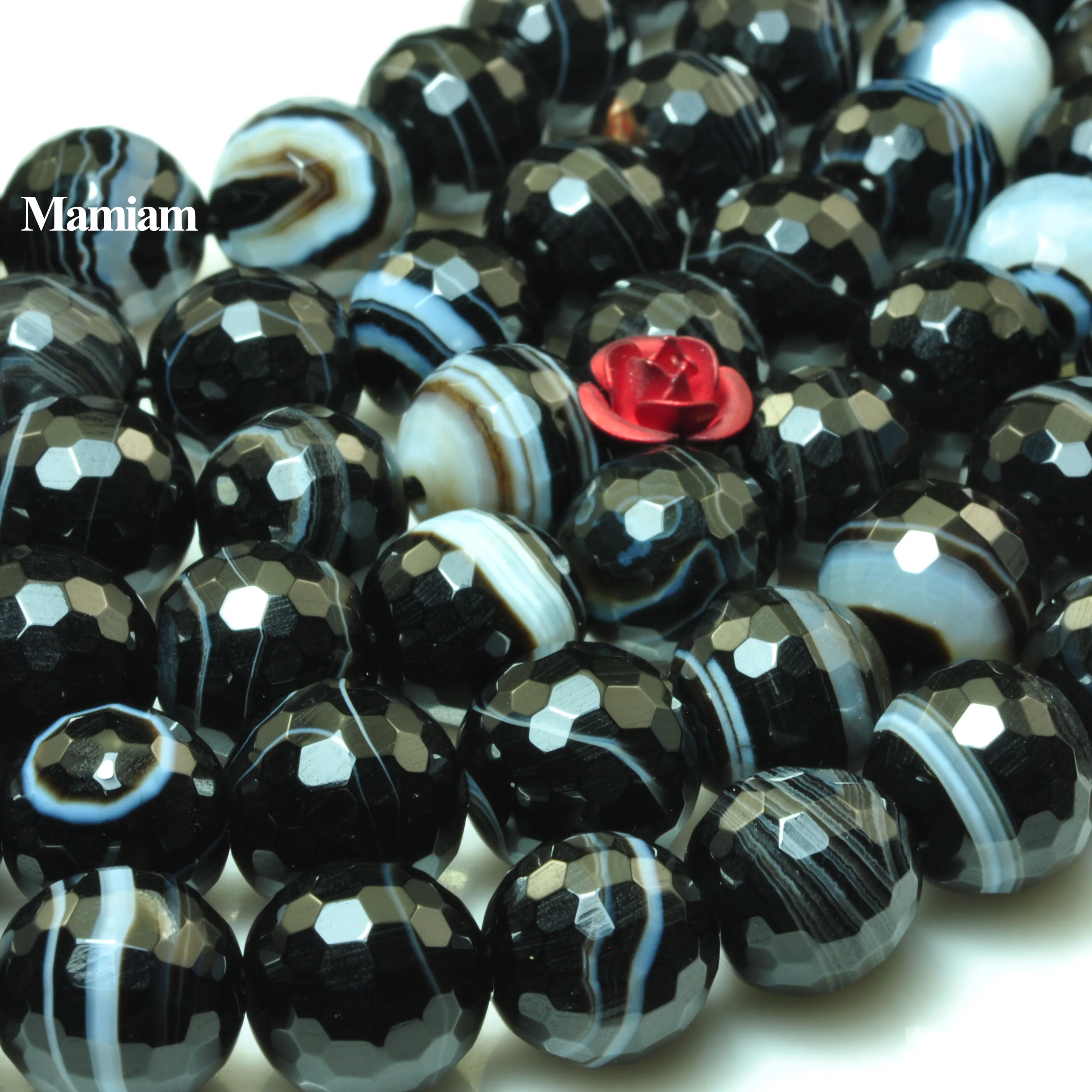 Mamiam Natural A Black Stripe Onyx Eye Agate Faceted Round Beads Smooth Loose Stone Diy Bracelet Necklace Jewelry Making Design