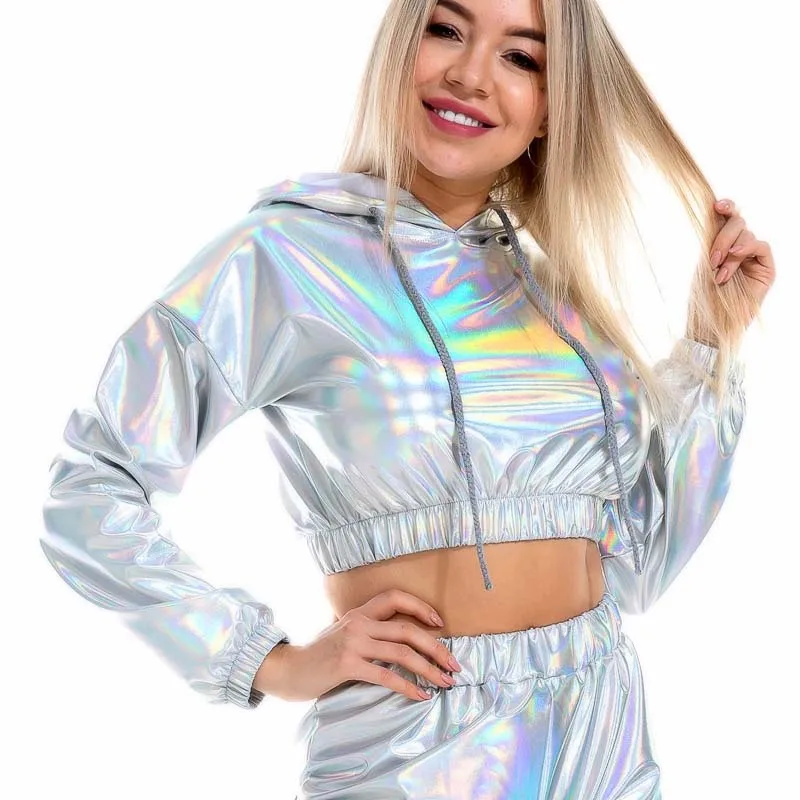 Sexy Cropped Holographic Hoodies Women Shiny PU Metallic Hoody Long Sleeve Short Sweatshirt with Drawstring Pullovers Streetwear