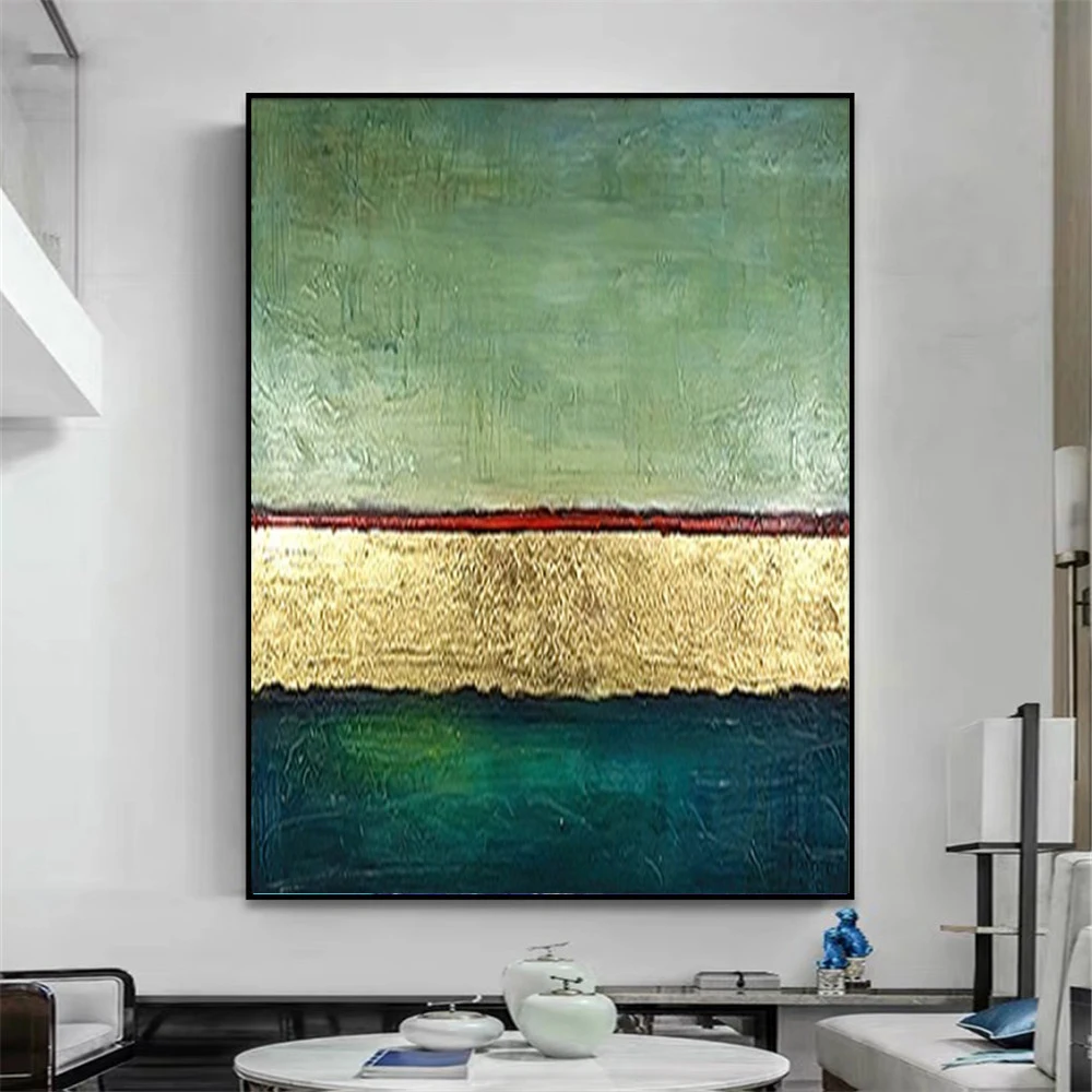 

Modern Abstract Gold Foil Lines Green Canvas Art Paintings For Living Room Bedroom Hand-Painted Oil Painting Wall Art Home Decor