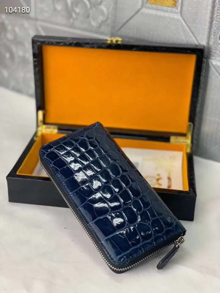 High glossy shinny genuine crocodile belly skin wallet clutch with inner cow skin lining blue color long zipper wallet purse