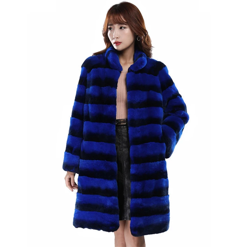 Rex Rabbit Fur Coat Natural Chinchilla Color Stand Collar Imported Stripes High Quality Real Fur Long Sleeve Casual Cardigan