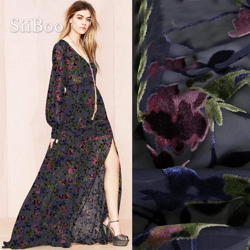 Elegant rose floral burnout rayon velvet silk fabric apparel for dress transparent natural silk tissu stoffens yarn cloth SP4891