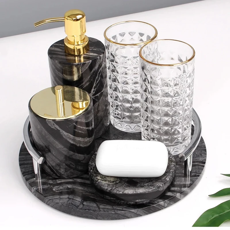 Marble Bathroom Set Light Luxury Black Wood Grain Hotel Toiletries Toothbrush Cup Lotion Bottle Soap Dish Bathroom Accessories