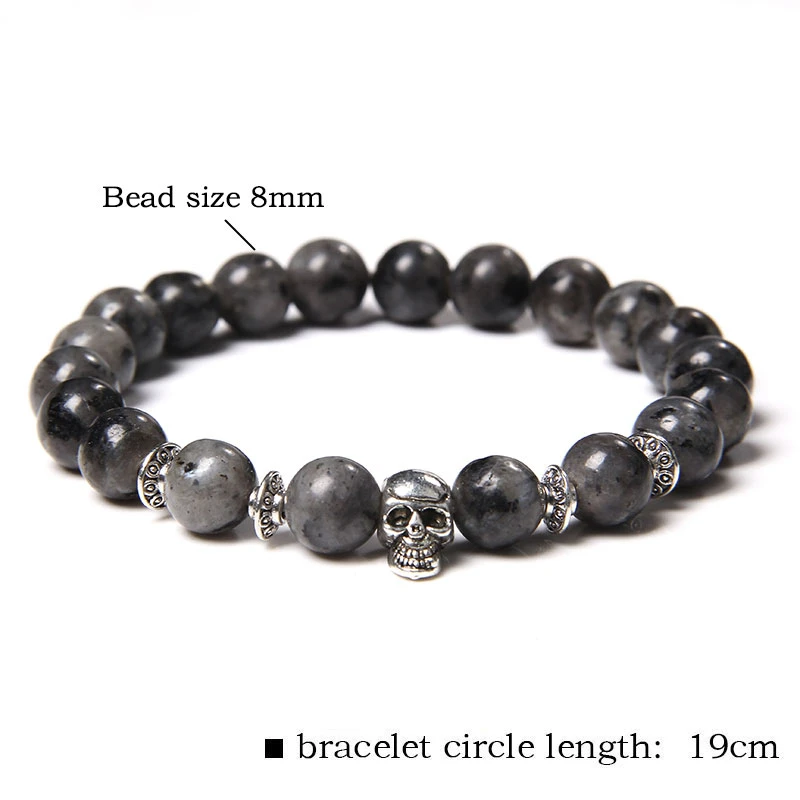 Natural Black Labradorite Stone Beads Bracelet 8mm Round Beaded Vintage Skull Head Charm Bracelet Men Lucky Jewelry for Female