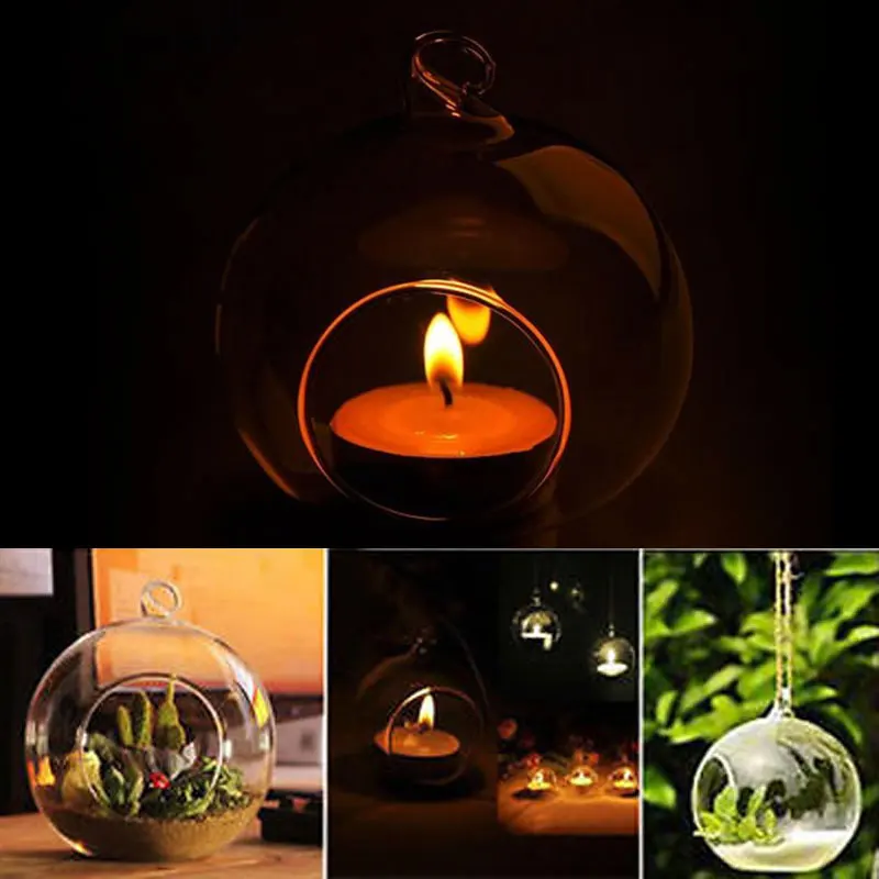 4/6/8pcs Mini Creative Clear Glass Round Hanging Candle Tea Light Holder Candlestick Home For Wedding Party Tree Decoration