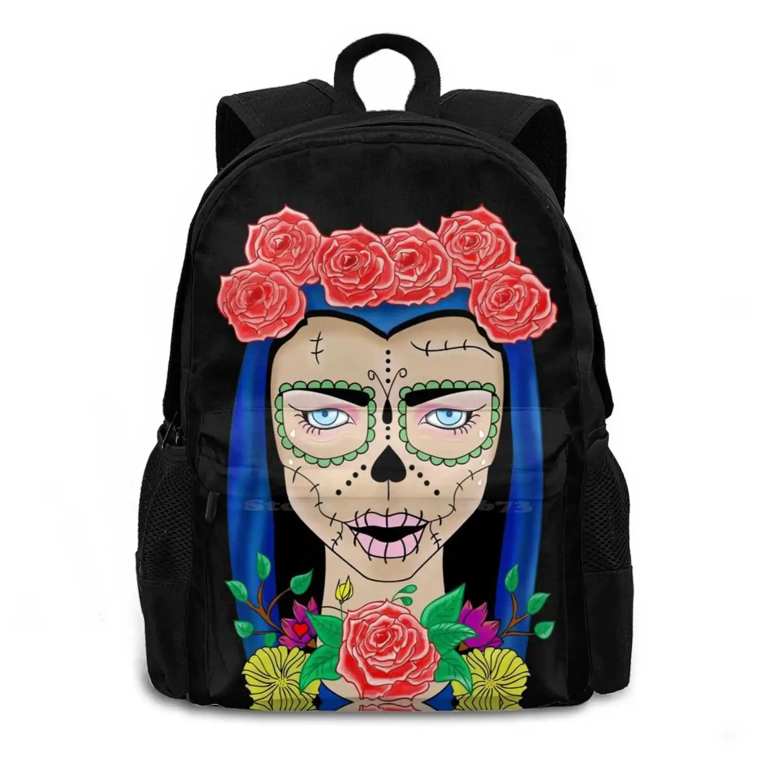 Zombie Skull Girl Floral Crown Of Roses School Bags Travel Laptop Backpack Halloween Zombie Girl Floral Zombie Roses And Zombie